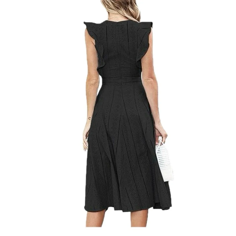 NWT Ecowish Women's 100% Cotton Black Eyelet Lace Detail Ruffle Midi Dress M